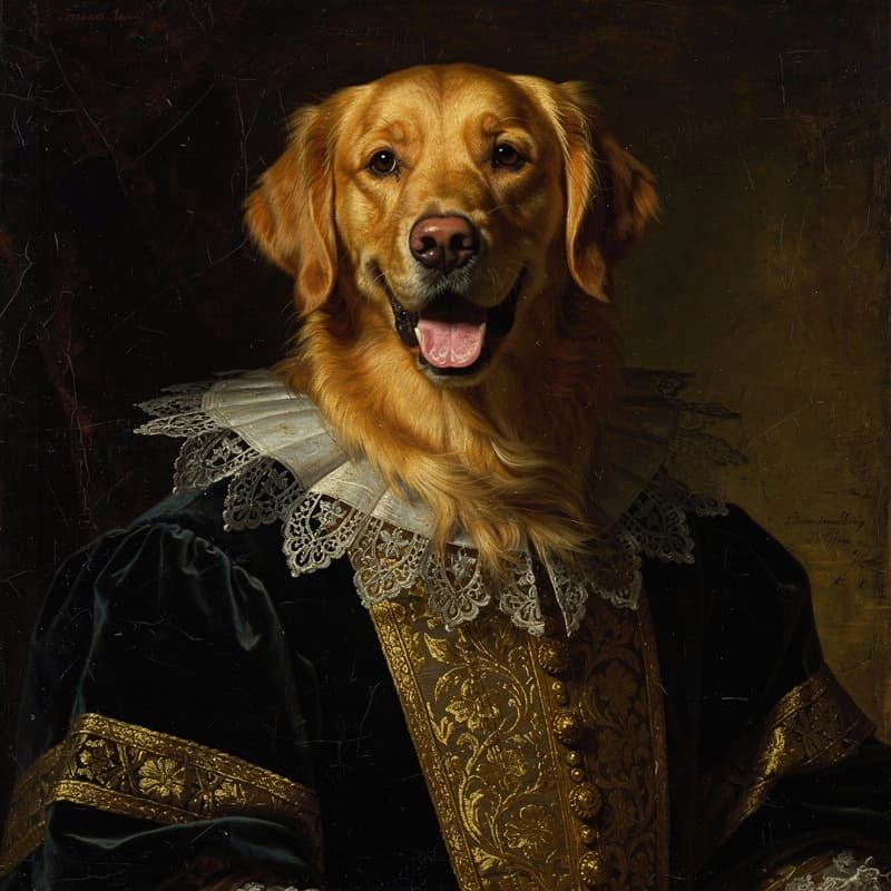 The same golden retriever as a Baroque Bloodline oil portrait in velvet robes and a lace collar