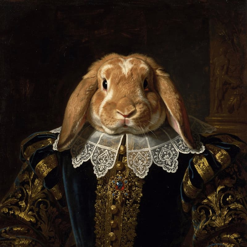 The same lop-eared rabbit as a Baroque Bloodline oil portrait in a jewelled doublet